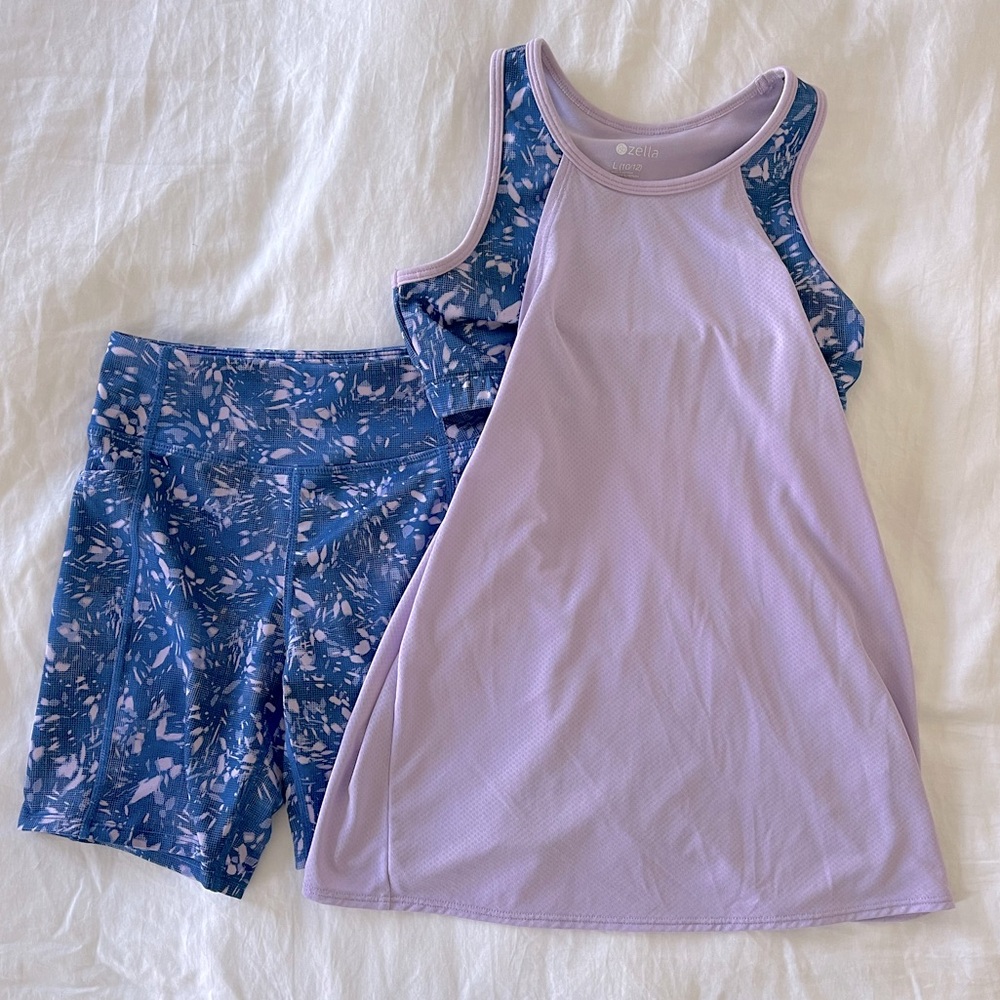 Zella Girl Kids' Balance Racerback Tank and Live In Print Pocket Bike Shorts